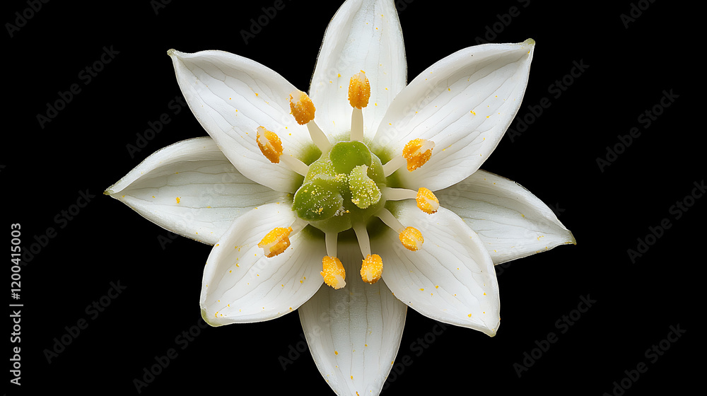 Fototapeta premium macro shot of starflower with delicate white petals and vibrant yellow stamens, showcasing its intricate beauty