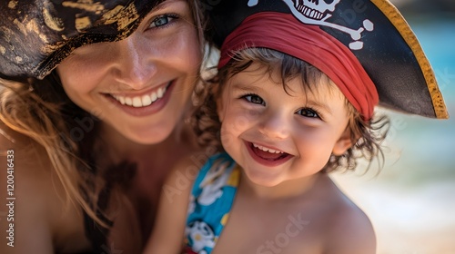 Happy mother and toddler in pirate hats at beach