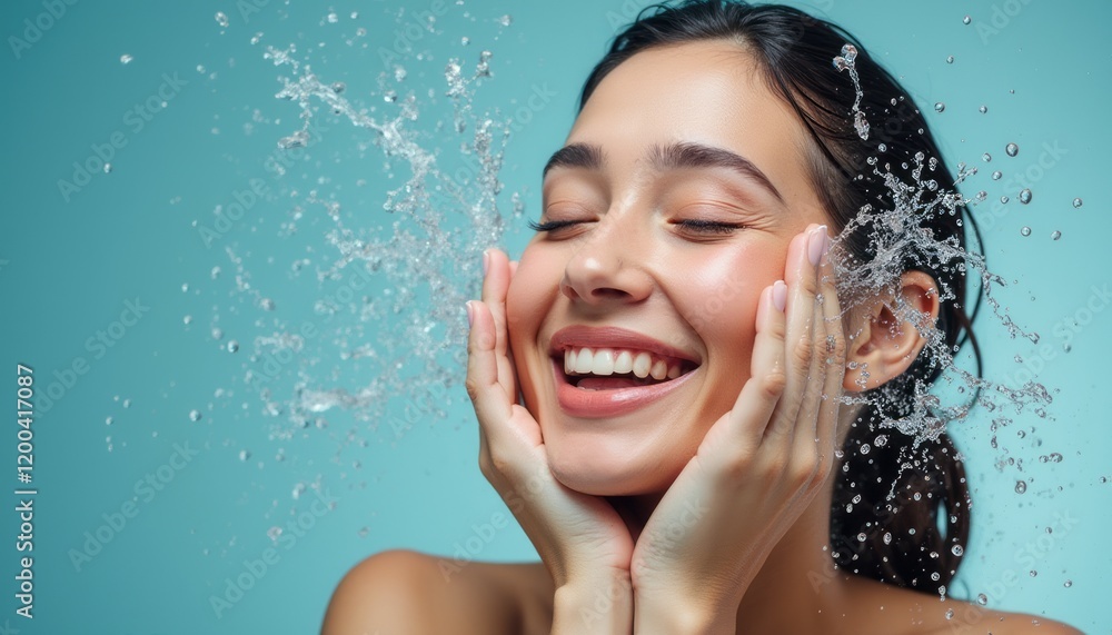 A radiant young woman with long dark hair smiles blissfully as water splashes around her, creating a lively and refreshing atmosphere. The vibrant turquoise background enhances the feeling of joy and A radiant young woman with long dark hair smiles blissfully as water splashes around her, creating a lively and refreshing atmosphere. The vibrant turquoise background enhances the feeling of joy and