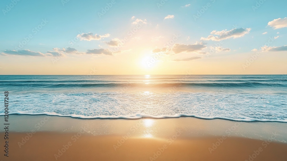 Golden sunlight reflects on the calm ocean surface as gentle waves wash onto a sandy beach. Fluffy clouds drift across the vibrant sky during sunset Golden sunlight reflects on the calm ocean surface as gentle waves wash onto a sandy beach. Fluffy clouds drift across the vibrant sky during sunset