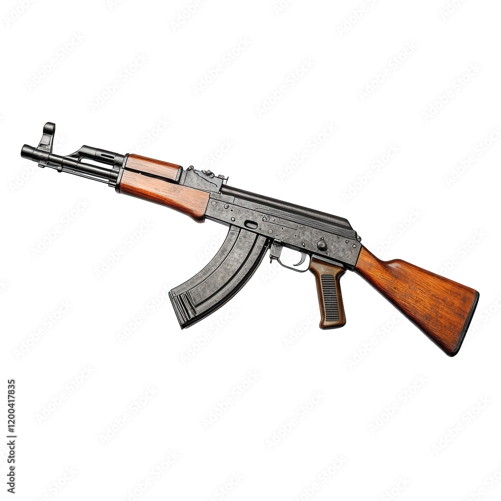 firearm. specifically an assault rifle. displayed on a clean white background. highlighting its design and features the rifle has a wooden stock and grip. with a curved magazine. emphasizing its milit firearm. specifically an assault rifle. displayed on a clean white background. highlighting its design and features the rifle has a wooden stock and grip. with a curved magazine. emphasizing its milit