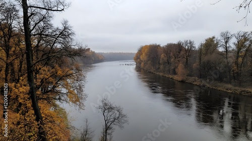 Autumn River Landscape Calm River Flowing Through Fall Foliage, Misty Morning photo