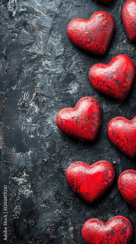 Fototapeta premium A tapestry of vibrant red hearts sprawls across a sleek black backdrop, symbolizing love's passion and allure on Valentine's Day.