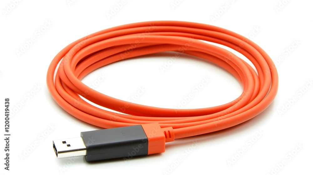 Orange HDMI cable coiled on white background; technology connection Orange HDMI cable coiled on white background; technology connection