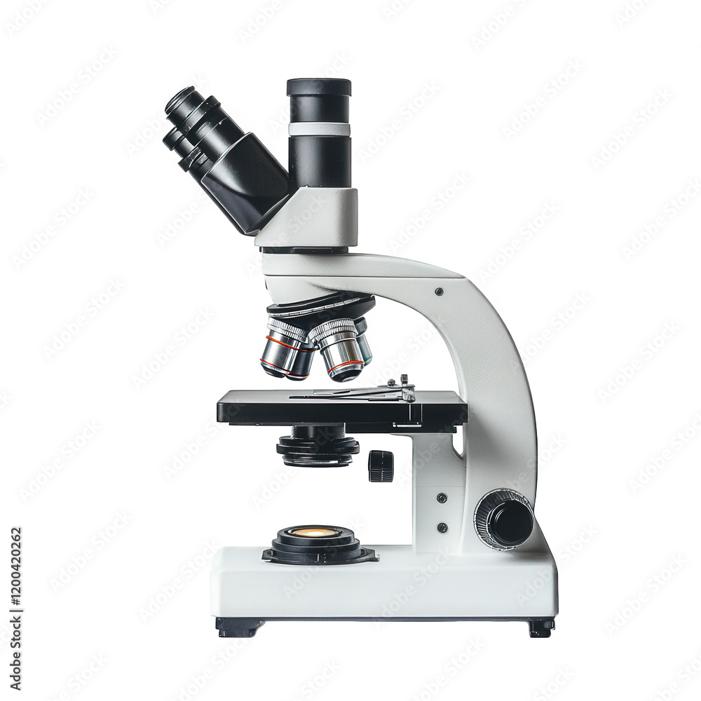 modern microscope designed for scientific examination. showcasing its lenses and stage it is positioned against a plain background. emphasizing its structure and functionality for research. education. modern microscope designed for scientific examination. showcasing its lenses and stage it is positioned against a plain background. emphasizing its structure and functionality for research. education.