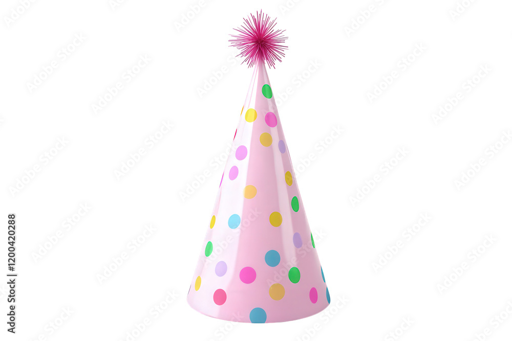 a colorful party hat with a pink base adorned with multicolored polka dots and a fluffy pink pom-pom on top. set against a light background with subtle patterns this hat symbolizes celebration and is a colorful party hat with a pink base adorned with multicolored polka dots and a fluffy pink pom-pom on top. set against a light background with subtle patterns this hat symbolizes celebration and is