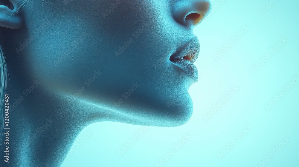 A woman is portrayed in profile, accentuating her facial features with a soft blue light. The atmosphere is tranquil, suggesting an artistic moment focused on beauty and expression A woman is portrayed in profile, accentuating her facial features with a soft blue light. The atmosphere is tranquil, suggesting an artistic moment focused on beauty and expression