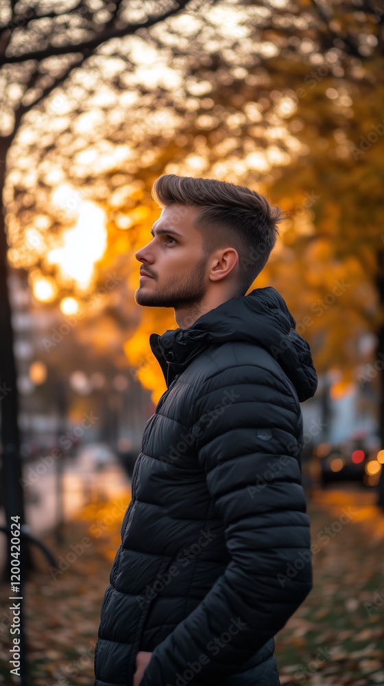 Fototapeta premium Handsome Man in Winter Jacket, Outdoors in Warm Sunlight