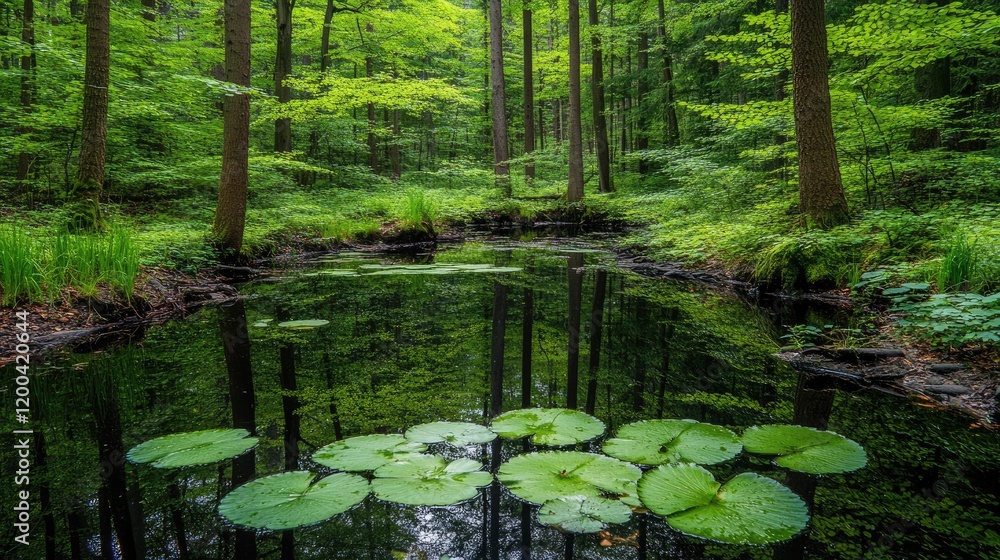 Obraz premium Serene forest pond, lush green trees, tranquil water lilies, peaceful nature scene, ideal for relaxation