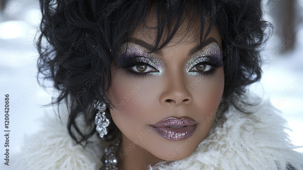 A glamorous woman poses outdoors in a snowy landscape, showcasing elaborate makeup with sparkling features and glamorous earrings. Her luxurious fur coat adds elegance to the scene A glamorous woman poses outdoors in a snowy landscape, showcasing elaborate makeup with sparkling features and glamorous earrings. Her luxurious fur coat adds elegance to the scene