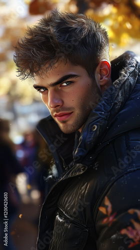 Handsome Man in Winter Jacket, Outdoors in Warm Sunlight photo