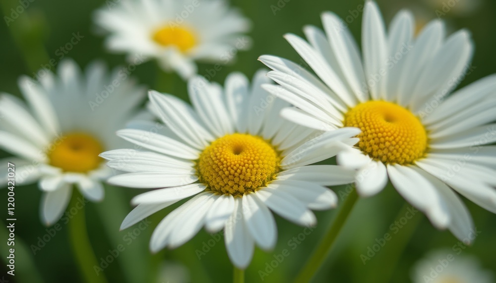 A close-up view of cheerful daisies with bright yellow centers and crisp white petals, set against a lush green backdrop. This image captures the essence of spring, evoking feelings of joy and renewal A close-up view of cheerful daisies with bright yellow centers and crisp white petals, set against a lush green backdrop. This image captures the essence of spring, evoking feelings of joy and renewal