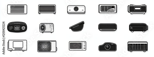 A waste set icon featuring an air conditioner, air freshener, harmful fumes, air, wind, dust, air filtration, blower pipe, fan, broken pipe, gas, skull, poison, mask, and circulation, representing an photo