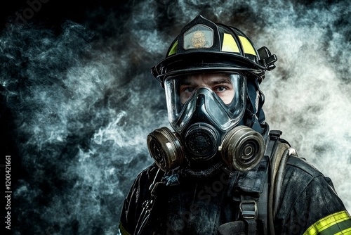 A firefighter donning a smoke mask and helmet in front of a dark background