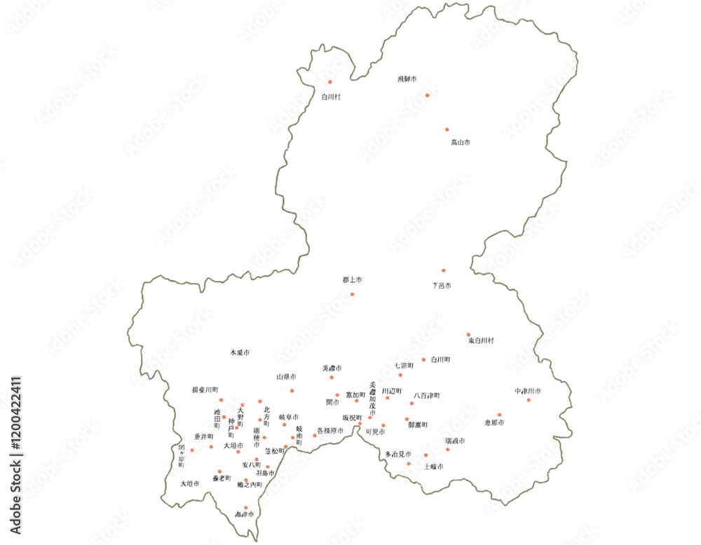 Obraz premium 岐阜県 白 地図 斑点 イラスト