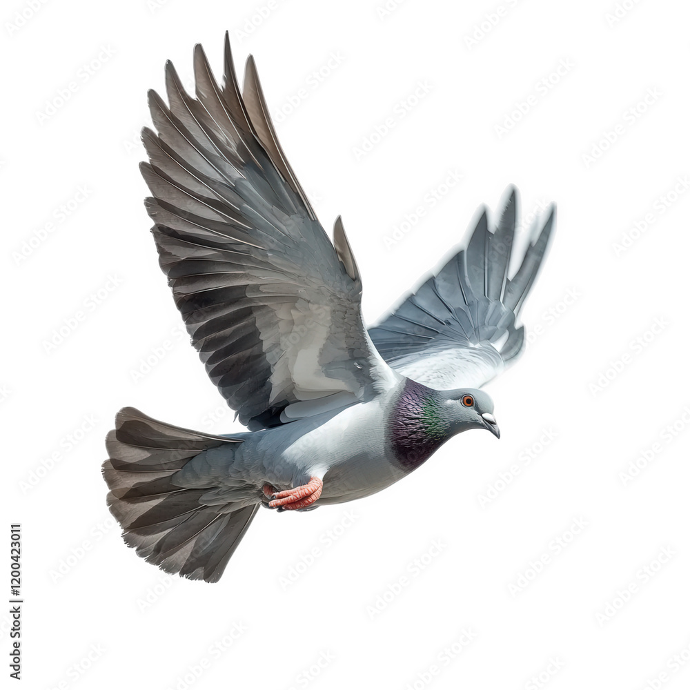 Naklejka premium a pigeon in mid-flight showcases its elegant wings and distinctive coloration. capturing the beauty of avian movement against a clean. white background the grace and agility of this common bird. highl
