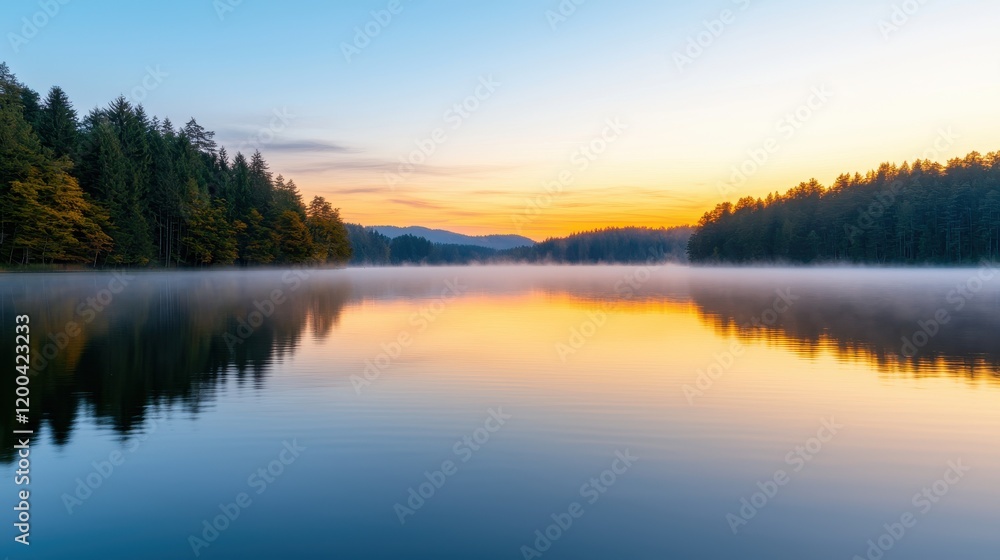 Misty Lake at Dawn with Colorful Sunset and Reflections in Water Misty Lake at Dawn with Colorful Sunset and Reflections in Water