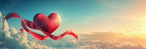A heart-shaped red ribbon freewheeling across a blue sky dotted with clouds on a daylight evening