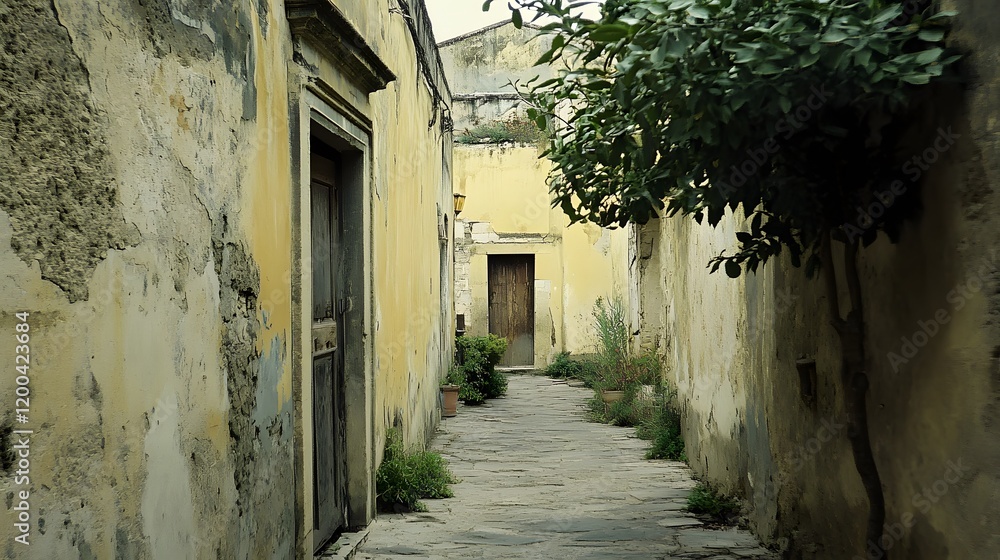 Narrow alleyway, aged buildings, overgrown plants, Mediterranean town, historical architecture, stock photo Narrow alleyway, aged buildings, overgrown plants, Mediterranean town, historical architecture, stock photo
