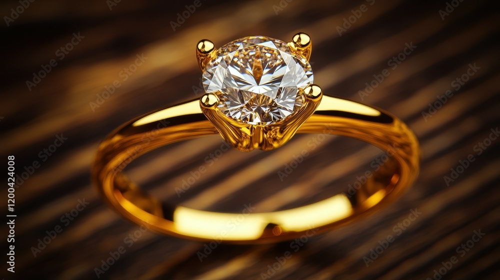 A stunning diamond engagement ring with a brilliant cut sits prominently on a smooth wooden surface, reflecting light beautifully. This exquisite piece symbolizes love and commitment A stunning diamond engagement ring with a brilliant cut sits prominently on a smooth wooden surface, reflecting light beautifully. This exquisite piece symbolizes love and commitment