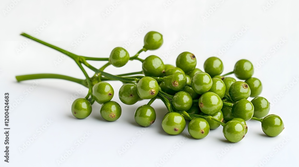 Green berries on stem, white background; food, ingredient, nature photography Green berries on stem, white background; food, ingredient, nature photography