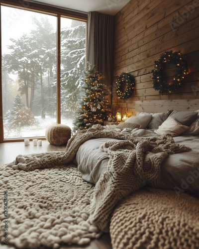 A bed with Christmas lights and a green wreath, beige walls, a Christmas tree on the right side of the wall, a vintage rustic style bedroom, red blankets, natural lighting, minimalistic, natural mate