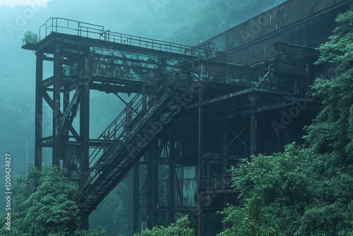 Metallic dust hangs in the air of a derelict metalworking facility photo