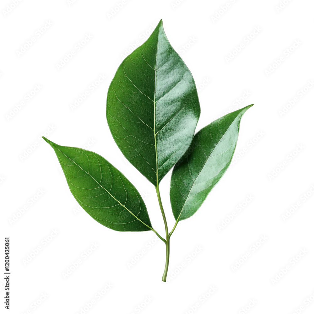 branch with three green leaves arranged artistically on a clean. white background the leaves exhibit a glossy texture and vibrant color. emphasizing their natural beauty and freshness this composition branch with three green leaves arranged artistically on a clean. white background the leaves exhibit a glossy texture and vibrant color. emphasizing their natural beauty and freshness this composition