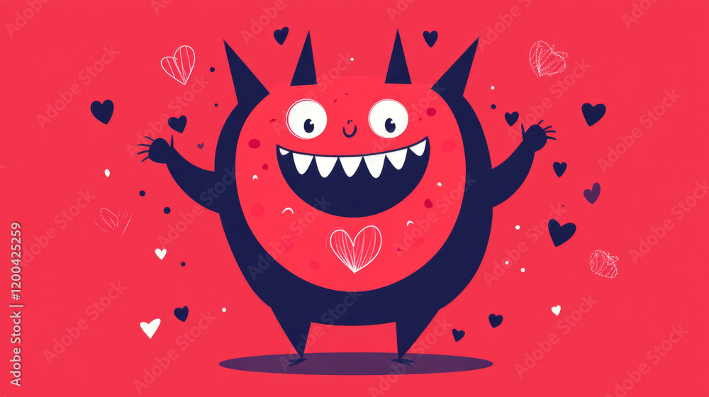 vector illustration of a red and purple funny monster preparing for valentine's day.  on a red background with space for text