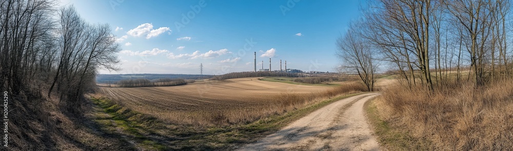 Nestled among trees and fields, a nuclear power plant rises dramatically under a clear blue sky Nestled among trees and fields, a nuclear power plant rises dramatically under a clear blue sky