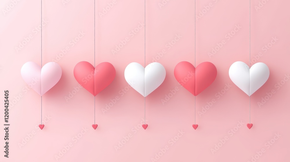 Whimsical pink and white hearts dangle gracefully on delicate strings, creating a romantic ambiance against a soft pink backdrop, perfect for Valentine's Day. Whimsical pink and white hearts dangle gracefully on delicate strings, creating a romantic ambiance against a soft pink backdrop, perfect for Valentine's Day.