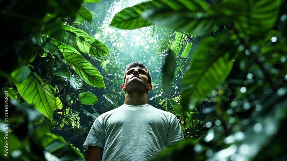A person gazes upwards in a lush green jungle, surrounded by vibrant foliage and light. A person gazes upwards in a lush green jungle, surrounded by vibrant foliage and light.