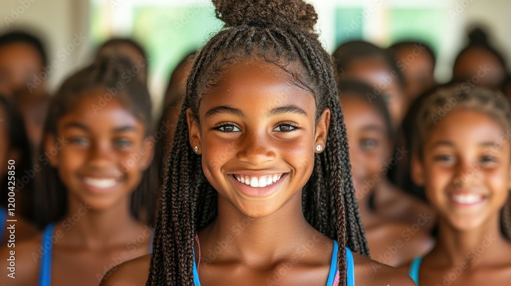 Fototapeta premium A group of young girls stands together, all smiling brightly while participating in a dance class. They are dressed in colorful attire, showcasing happiness and unity