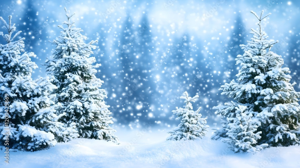 Snow falling on snowy pine trees in winter forest Snow falling on snowy pine trees in winter forest