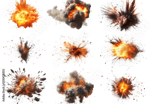 collection of explosive effects. showcasing various styles and sizes of explosions with flames. smoke. and debris it serves as a graphic resource for visual effects. gaming. or film production. illust photo