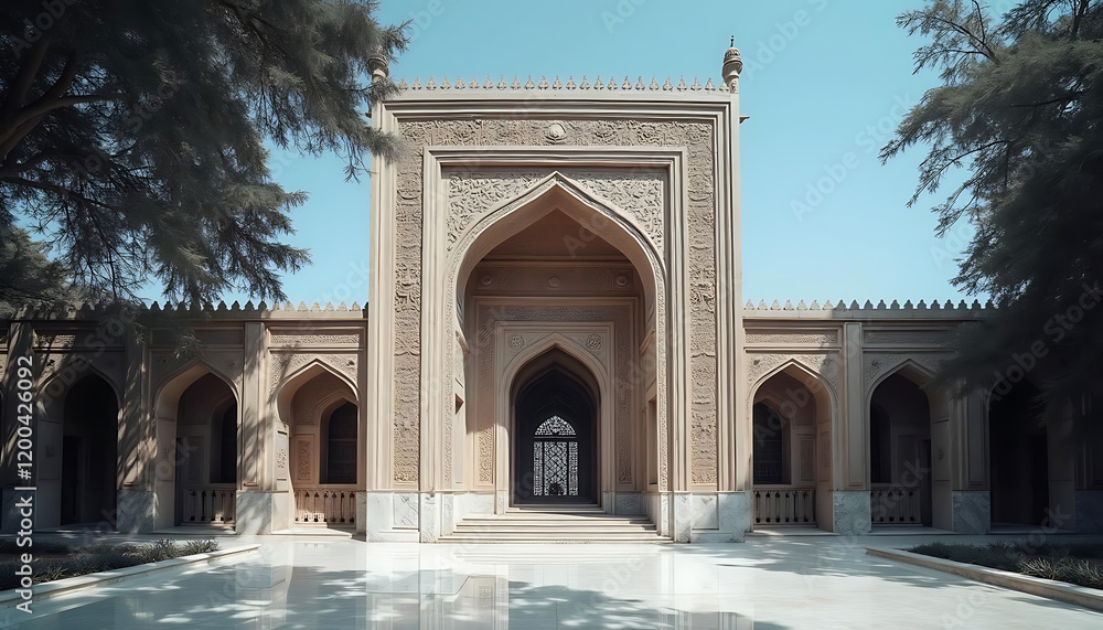 Obraz premium Stunning Architectural Marvel Featuring Intricate Carvings and Majestic Arches Surrounded by Nature