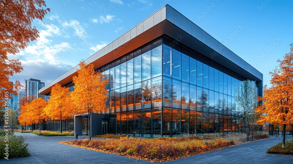 Obraz premium Modern autumn office building, city view. Website banner