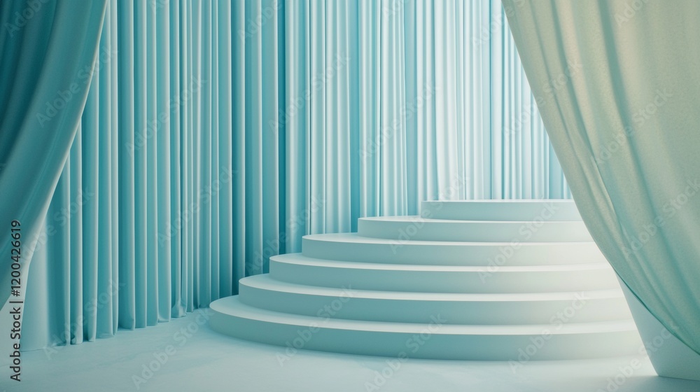Fototapeta premium Blue Staircase with Elegant Curtains