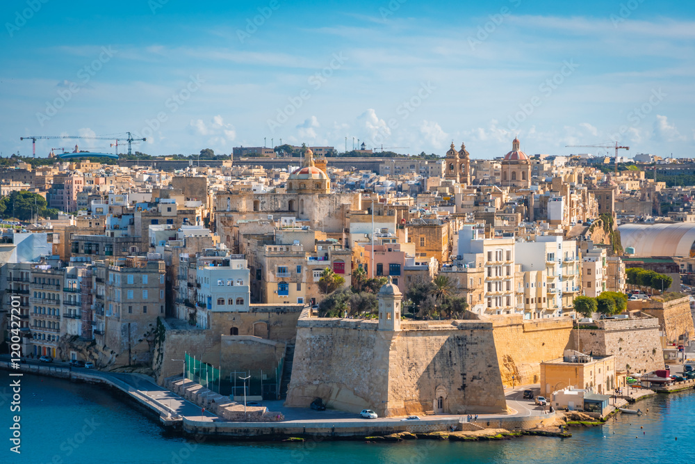 Panoramic view of beautiful architecture in Birgu, Malta