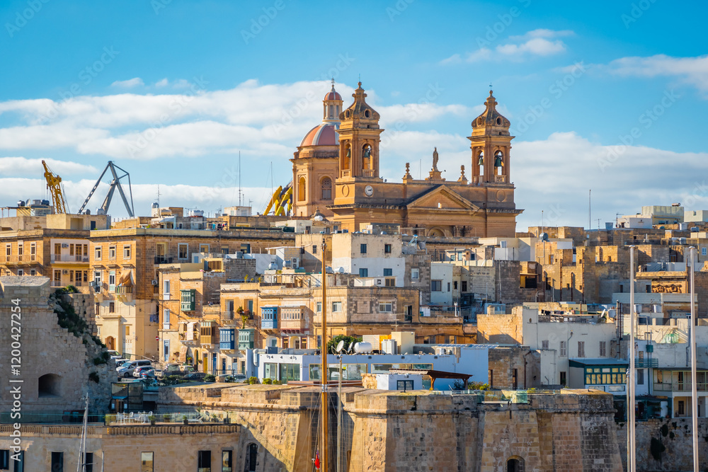 Panoramic view of beautiful Isla Basilica and old town of Birgu, Malta