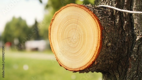 Close-up of a freshly cut tree branch showing growth rings.