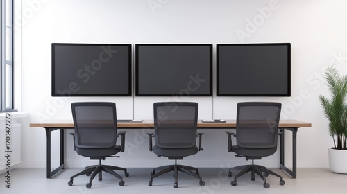 Modern Office Workspace with Three Blank Monitors and Chairs
