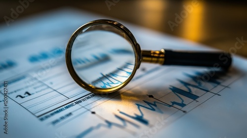 A magnifying glass rests on a financial report, focusing on detailed graphs and data trends. The setting suggests meticulous analysis of business performance metrics photo