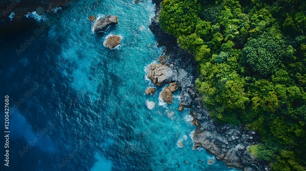Aerial view of tropical coast; ocean meets lush jungle; waves crash on rocks; nature background; travel brochure Aerial view of tropical coast; ocean meets lush jungle; waves crash on rocks; nature background; travel brochure