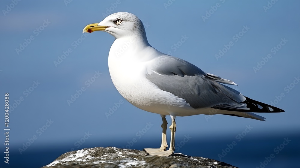 Seagull perched on rock, ocean background, wildlife, nature photography, website banner Seagull perched on rock, ocean background, wildlife, nature photography, website banner