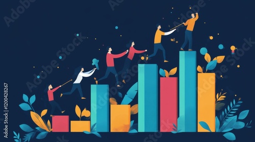 Flat design, 2D illustration of professionals passing a baton up a line of growing bar charts