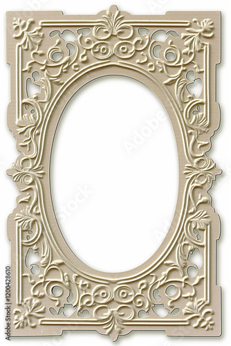 Beige oval frame with ornate floral design embellishing edges