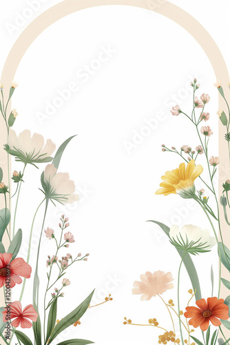 Colorful wildflowers framing an arch on white background