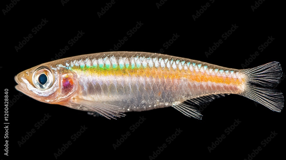 Fototapeta premium Transparent small fish with iridescent side, isolated on black background.