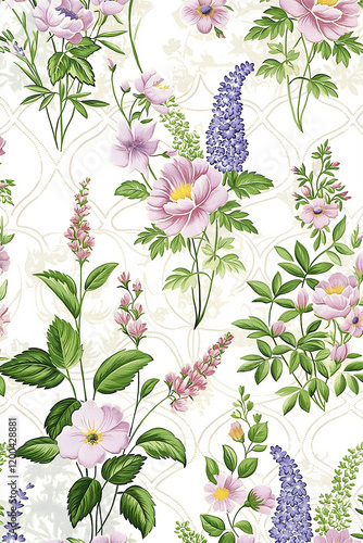 Seamless floral pattern showing pink and purple flowers with green leaves on ...
